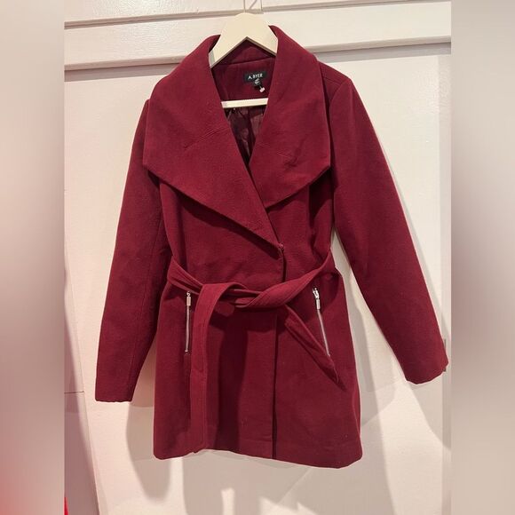 A. Byer burgundy wine peacoat trench tie waist blazer fully lined button snaps L - Picture 2 of 15